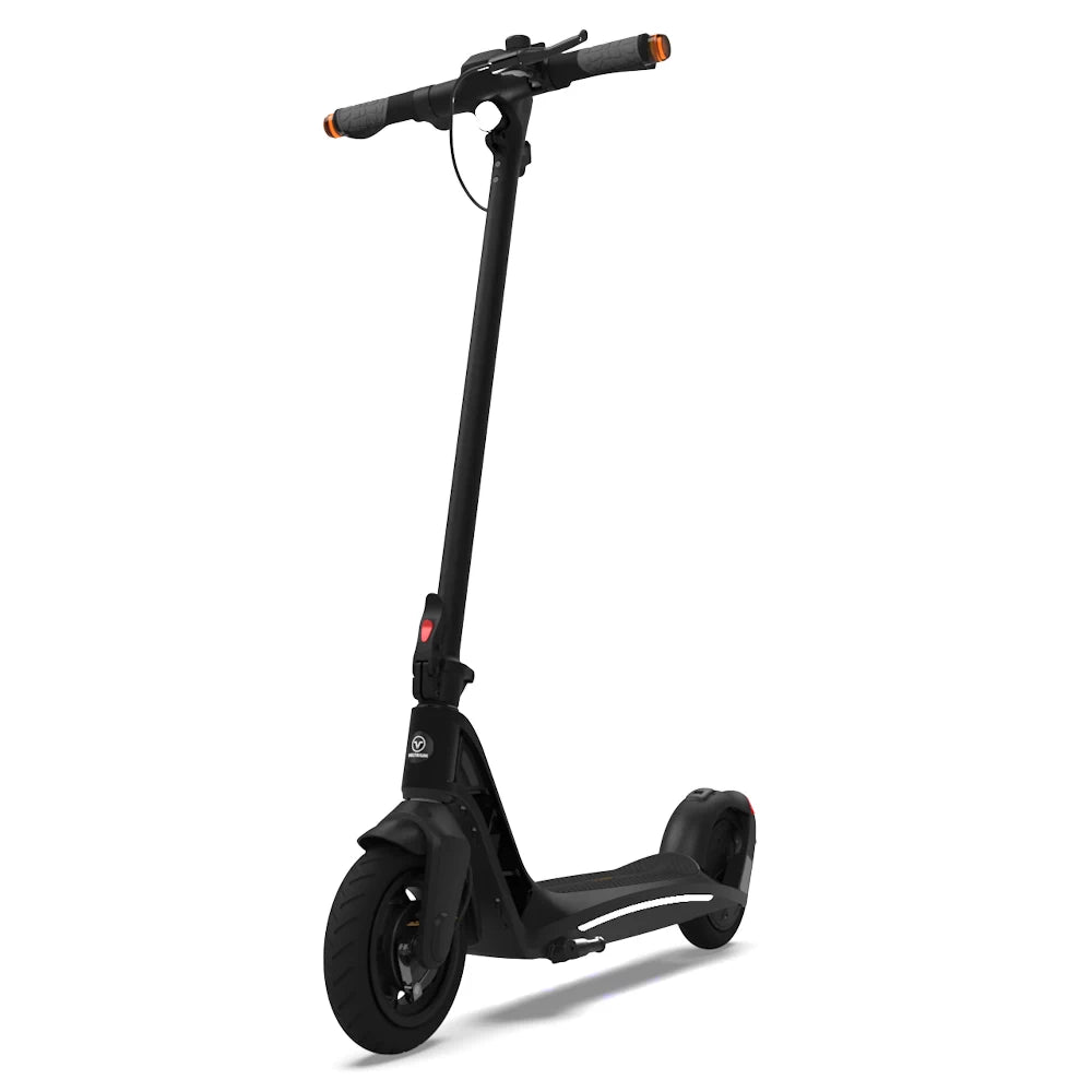 Front-quarter profile view of the ION electric scooter in sleek black, highlighting its minimalist and modern design.