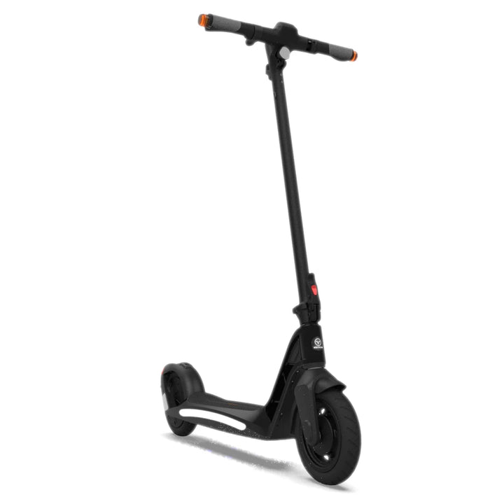 Right-facing view of the black ION scooter, showing the smooth unibody frame and pneumatic tyres.