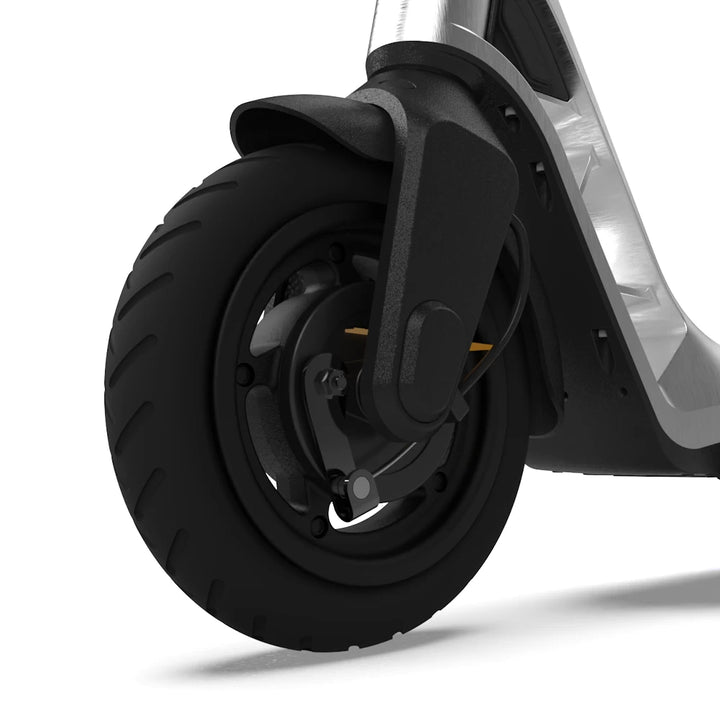 Close-up of the ION’s front wheel with integrated drum brake, providing efficient stopping power.