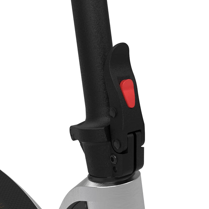 Close-up view of the ION scooter’s folding latch mechanism, showcasing its easy folding design for fast portability.