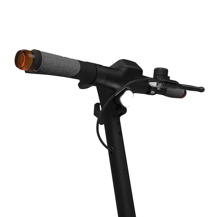 Close-up of the ION scooter’s handlebar end, featuring built-in turn signals for safe commuting.