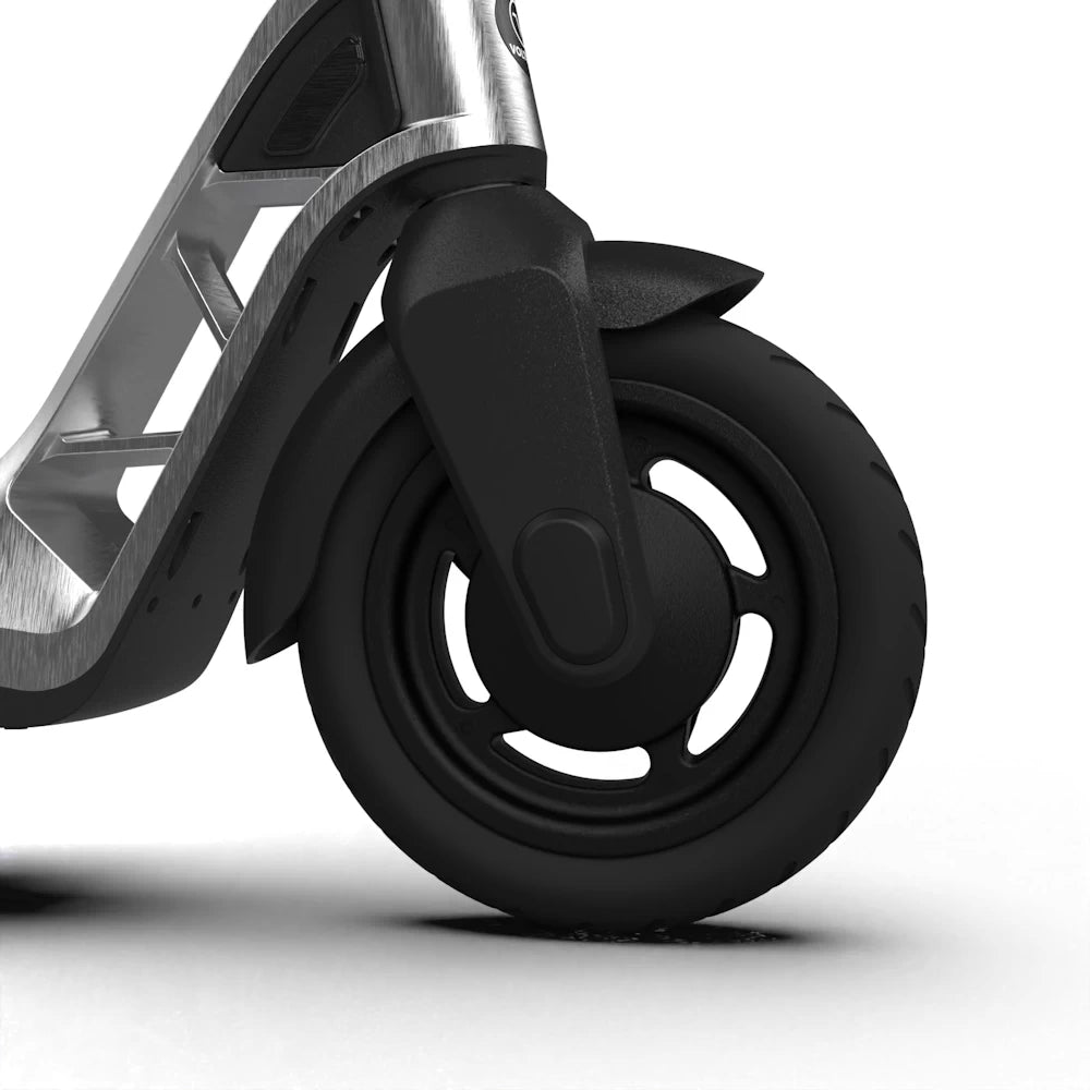 Close-up of the ION’s front pneumatic tyre, offering enhanced ride comfort and grip.