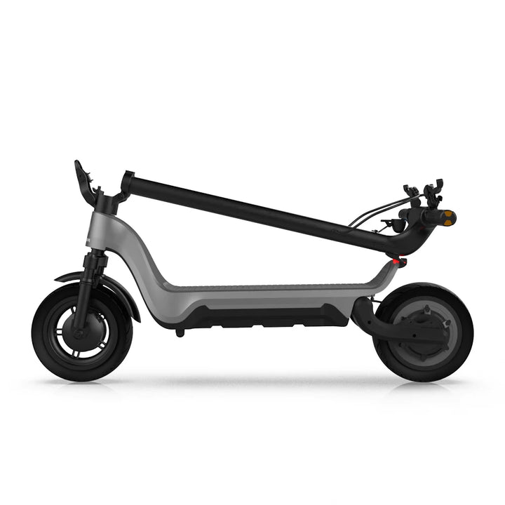 Voltrium ION Max electric scooter in folded position, highlighting its compact design for easy transport and storage.