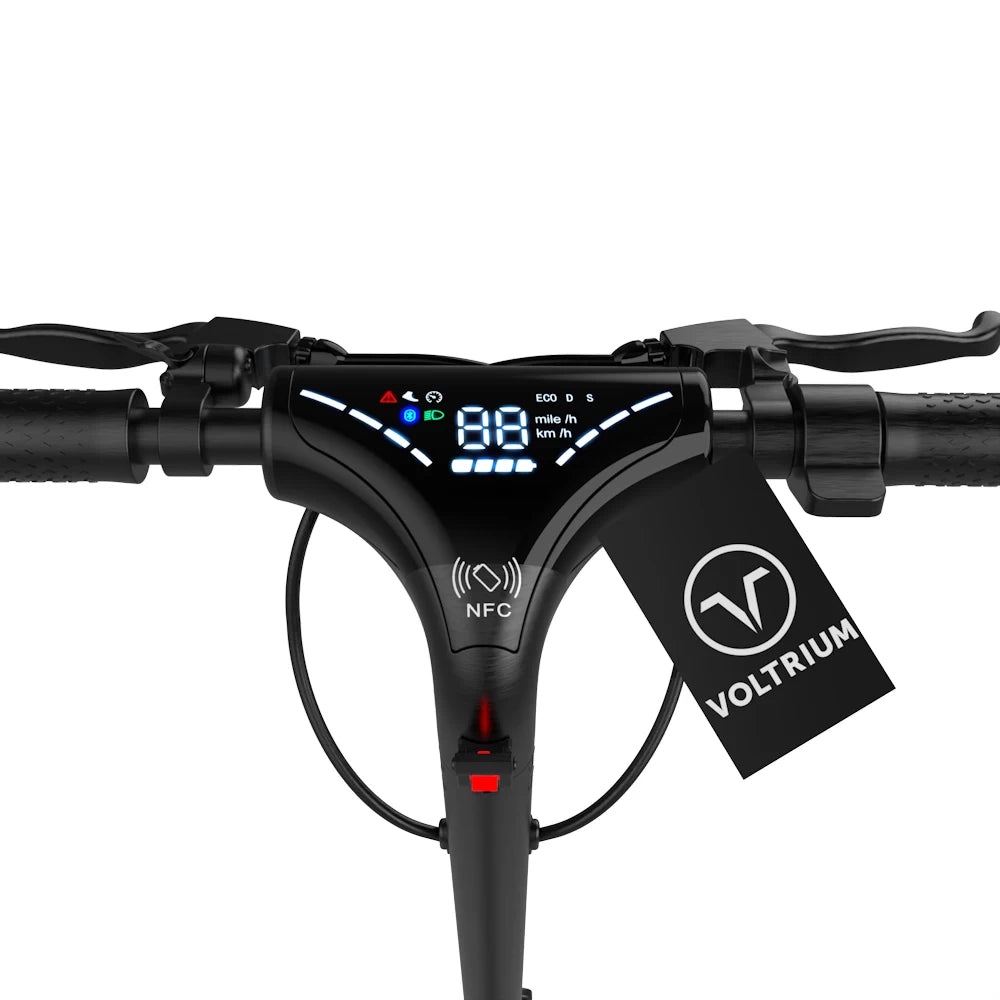 Voltrium ION Max with detailed display view, featuring speed indicators and NFC security integration for ultimate commuter convenience.