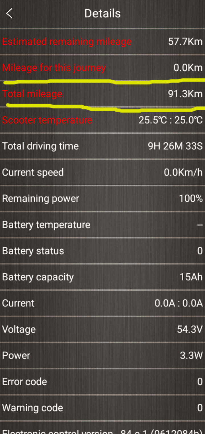 Screenshot of the Bluetooth App for the Ex-Demo Voltrium ION Max Dual motor electric scooter, showing only 91.3km on the odometer.