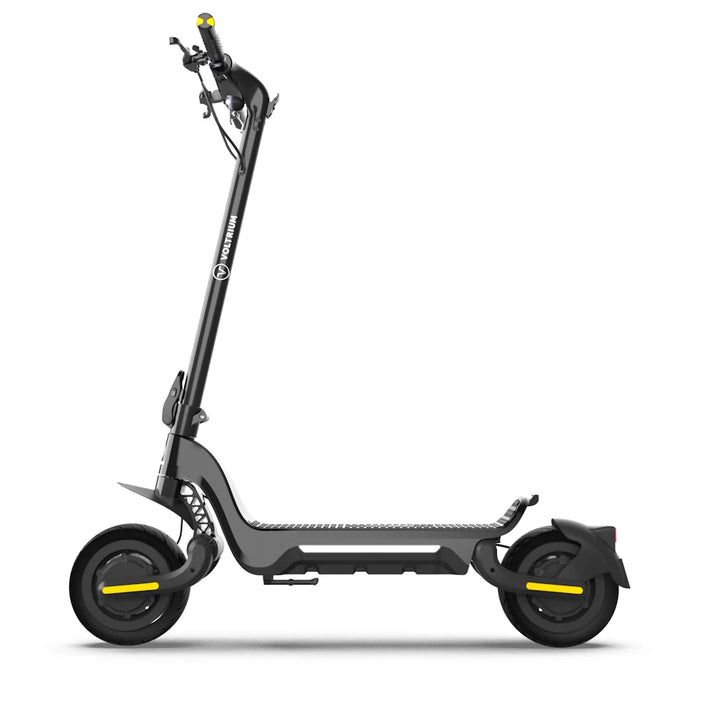 Side profile of the Voltrium ION Max Dual Motor Electric Scooter, emphasizing sleek design and magnesium unibody frame.