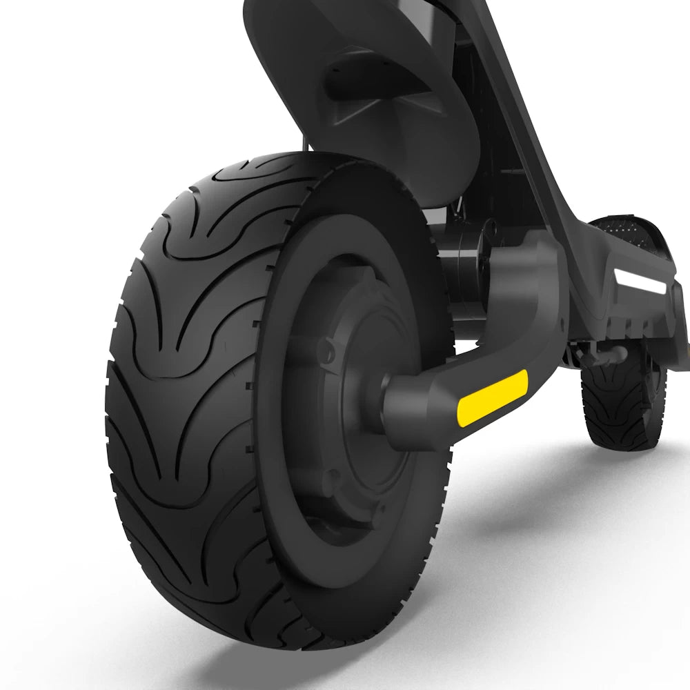 Low angle, close up view of the ION Max Dual Motor front wheel, and suspension for comfort and performance.