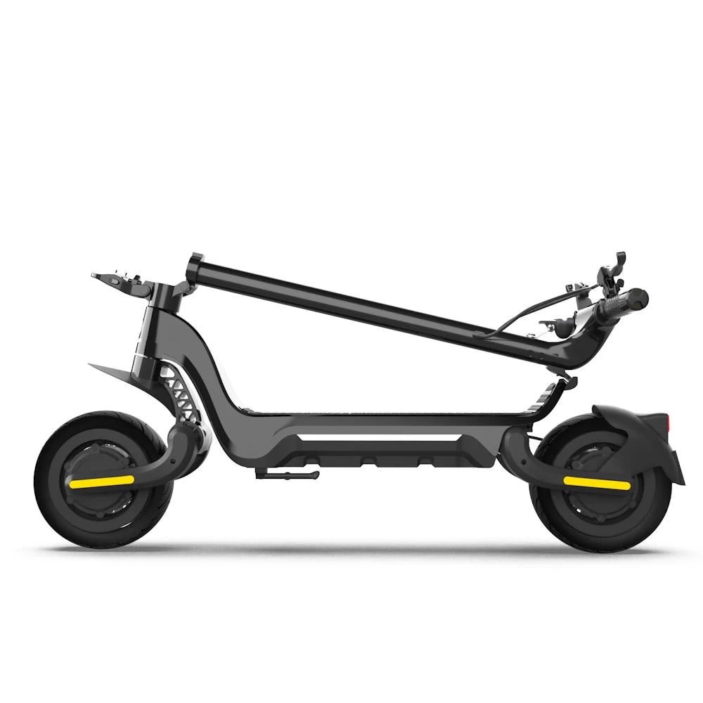 Folded ION Max Dual Motor scooter for compact storage and transport.