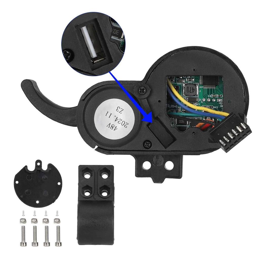 Rear view of the J&P 36-60V trigger throttle highlighting the original flat 6-pin connector plug, USB port and installation hardware