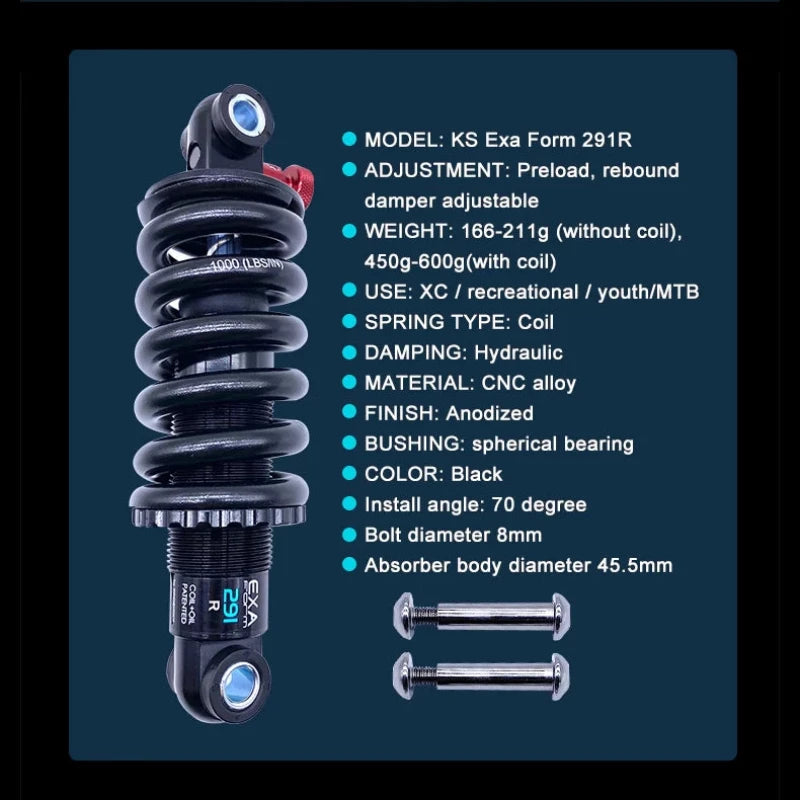 Product specifications for the KS EXA Form 291R, including material, damping, and adjustment options.