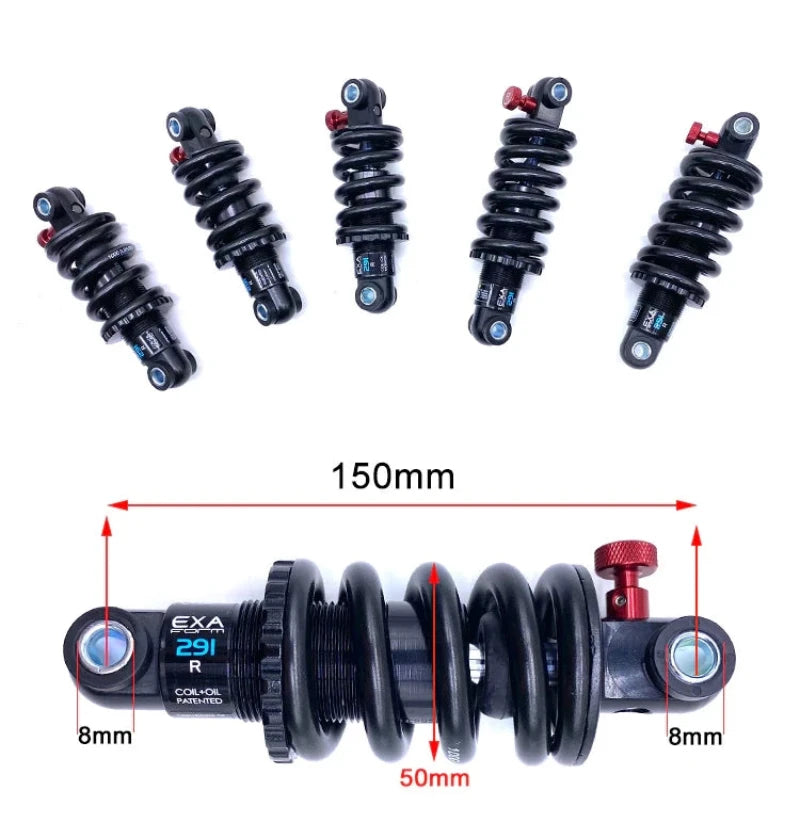Detailed measurements showing the 150mm version of the KS EXA Form 291R shock with bolt diameters and length specifications.