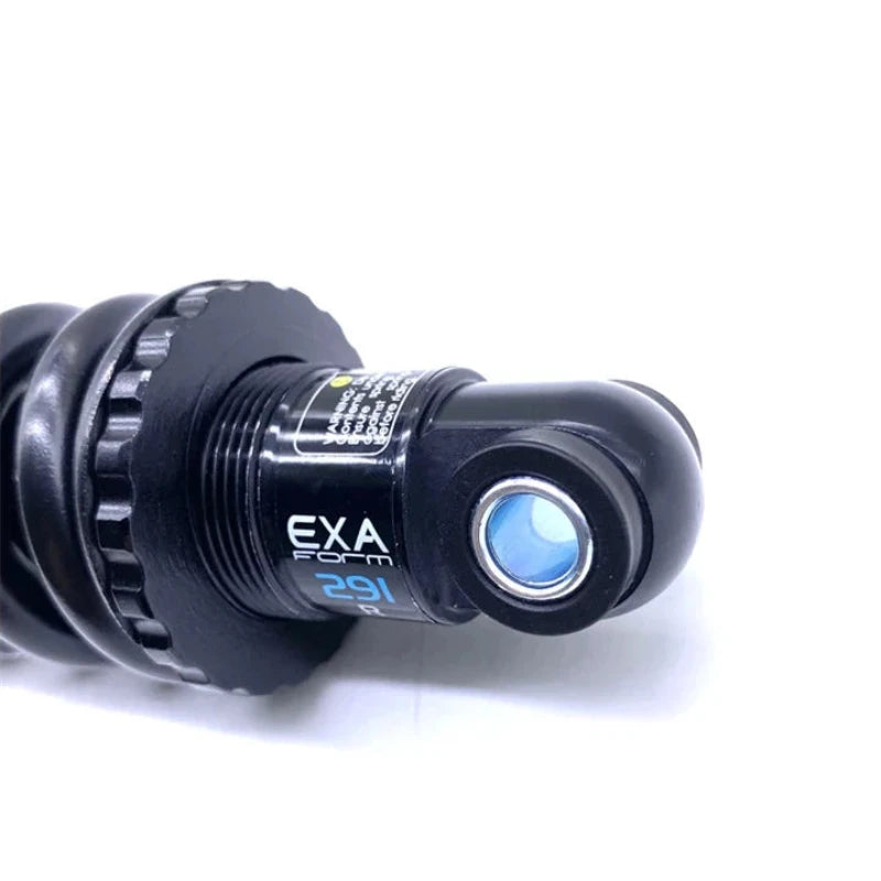 Side view of the KS EXA Form 291R shock absorber featuring a preload adjustment knob and integrated rebound damper, ensuring a smooth ride for e-bikes or scooters.