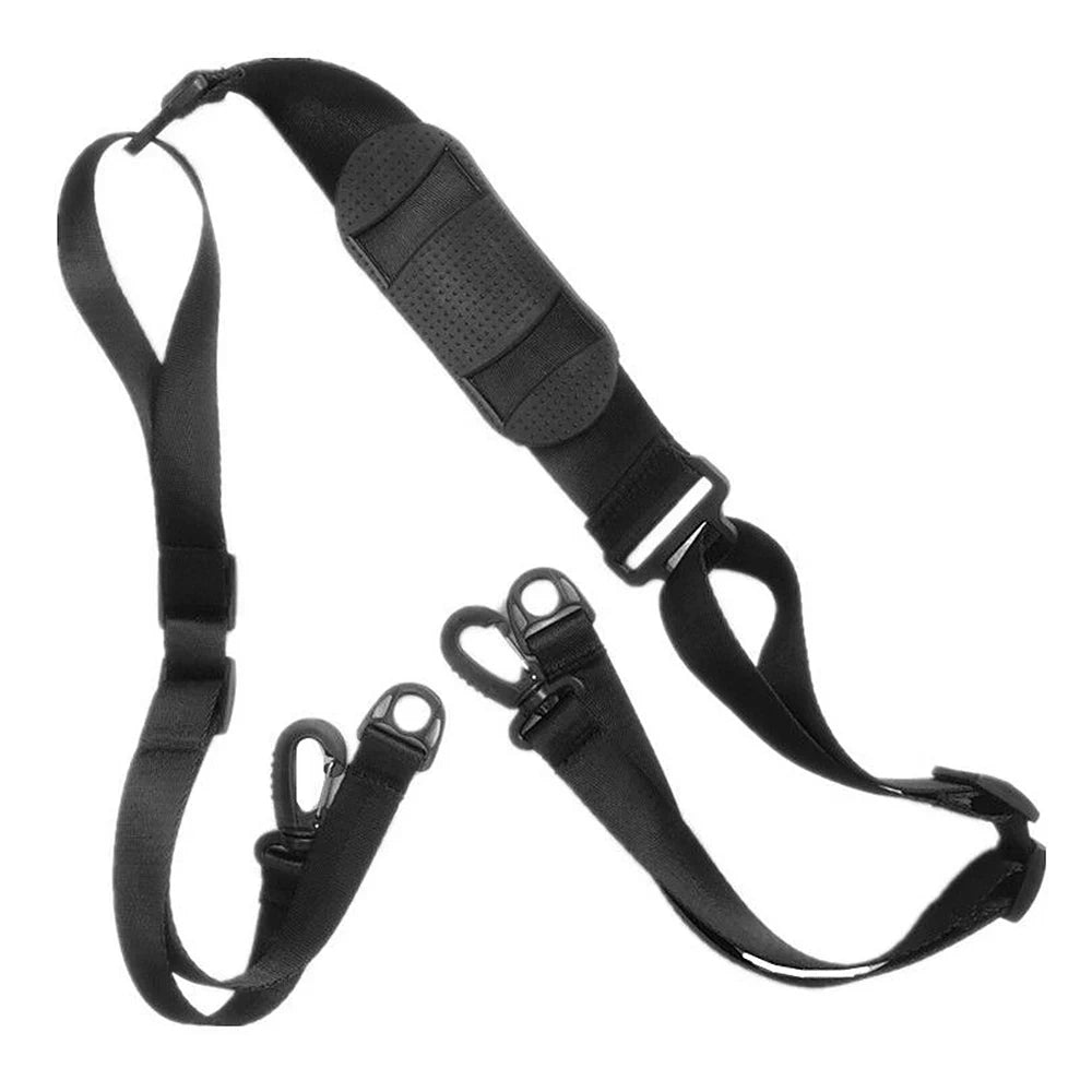 Full view of black electric scooter shoulder strap with four attachment clips.