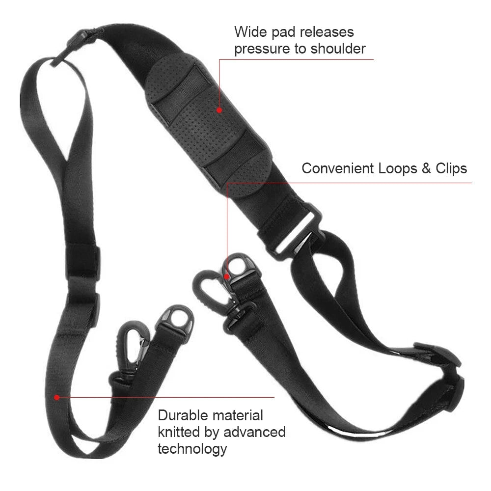 Highlighted features: wide shoulder pad, durable Oxford strap, and quick-release loops.