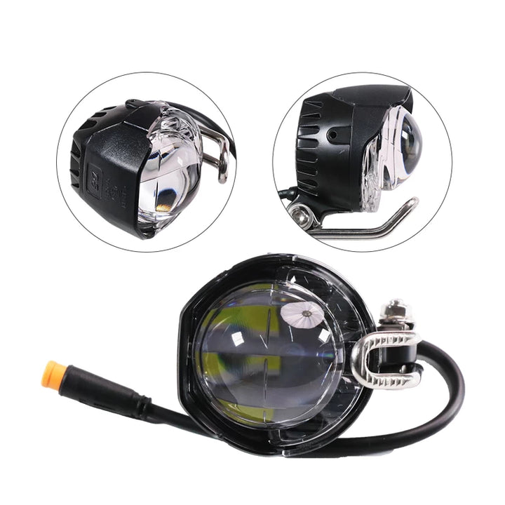 Montage of TL985 headlight showing LED projector lens, mounting bracket and 3-pin connector plug