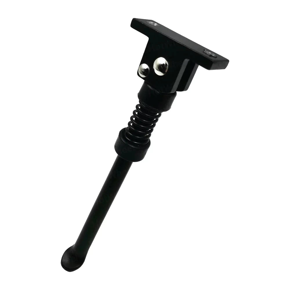 Hero angled view of Kaabo Mantis King GT kickstand, with spring-loaded hinge mechanism and mounting bracket for direct replacement.