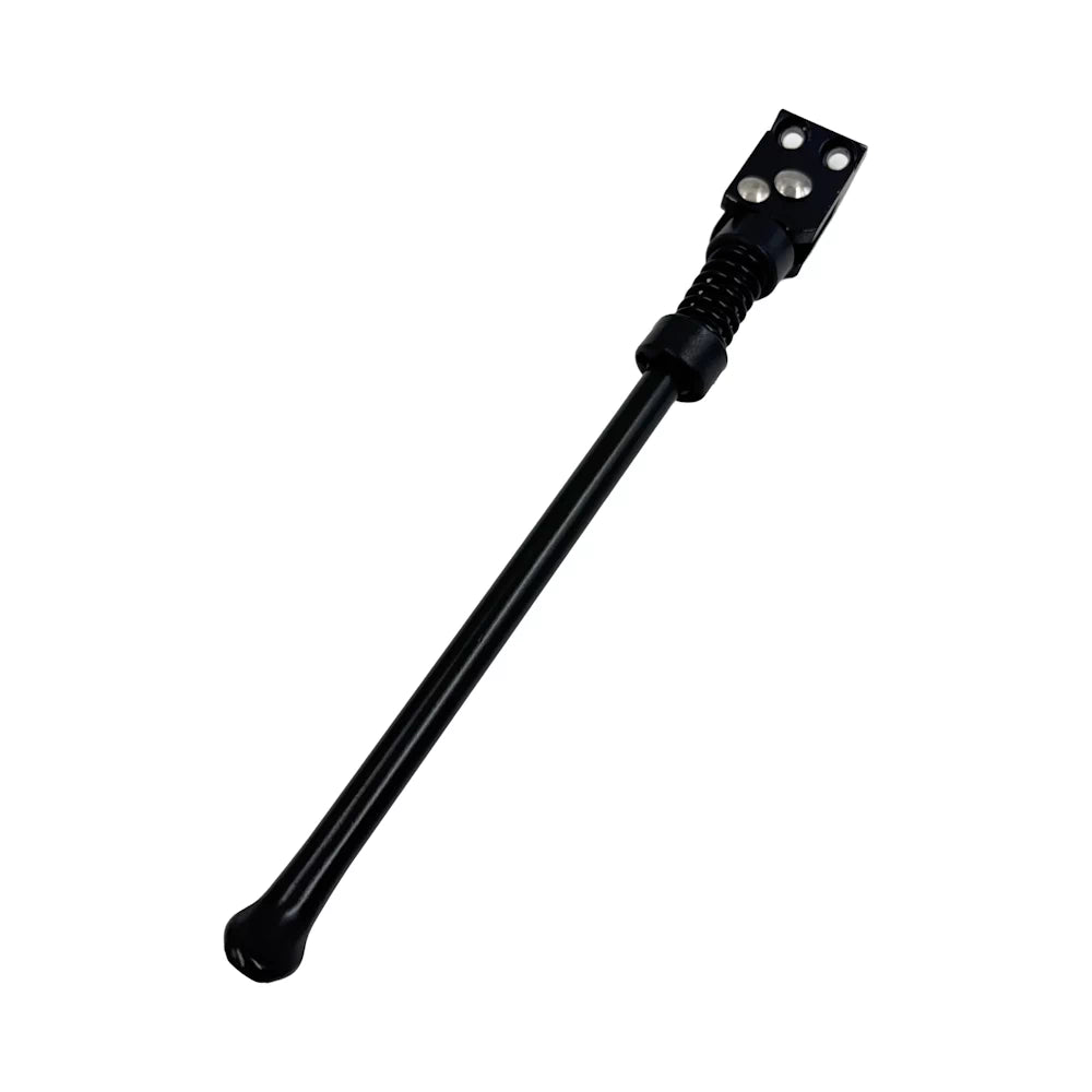 Dualtron kickstand angled view highlighting black alloy construction.