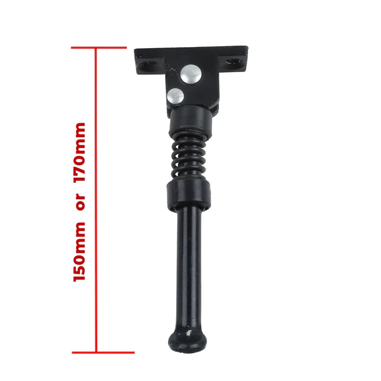 black kickstand available in 150mm or 170mm length, suitable for electric scooters. Image shows dimensions labeled.