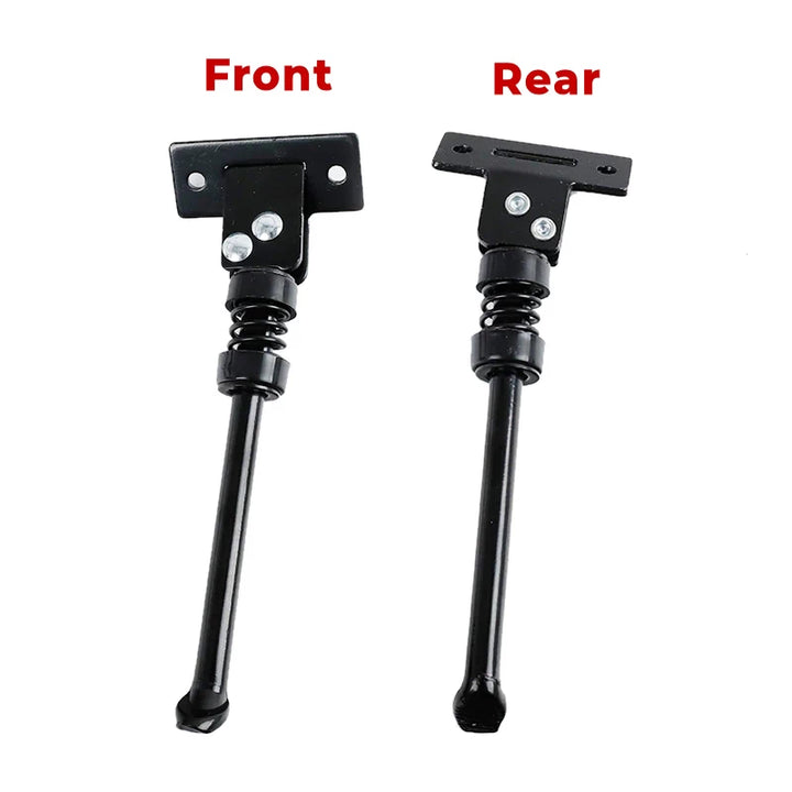 Front and Rear view of black Kickstand for Electric Scooters - designed for electric scooters, front and rear views shown side by side, made from aluminum alloy and die-cast steel.