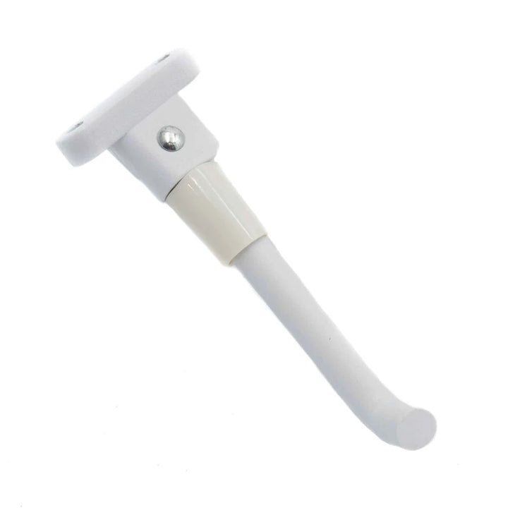Angled view of the WHITE Xiaomi M365 kickstand showing the high-quality metal construction.