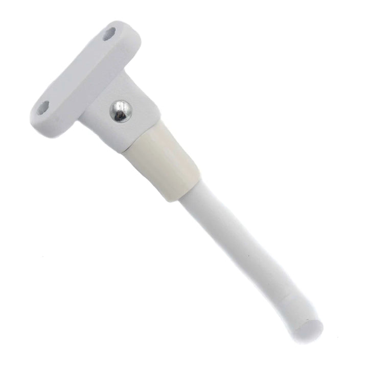 Angled view of the WHITE Xiaomi M365 kickstand showing the high-quality metal construction and mounting holes.
