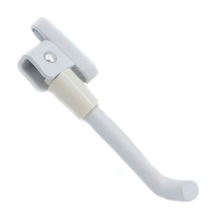 Angled view of the folded WHITE Xiaomi M365 kickstand showing the high-quality metal construction.