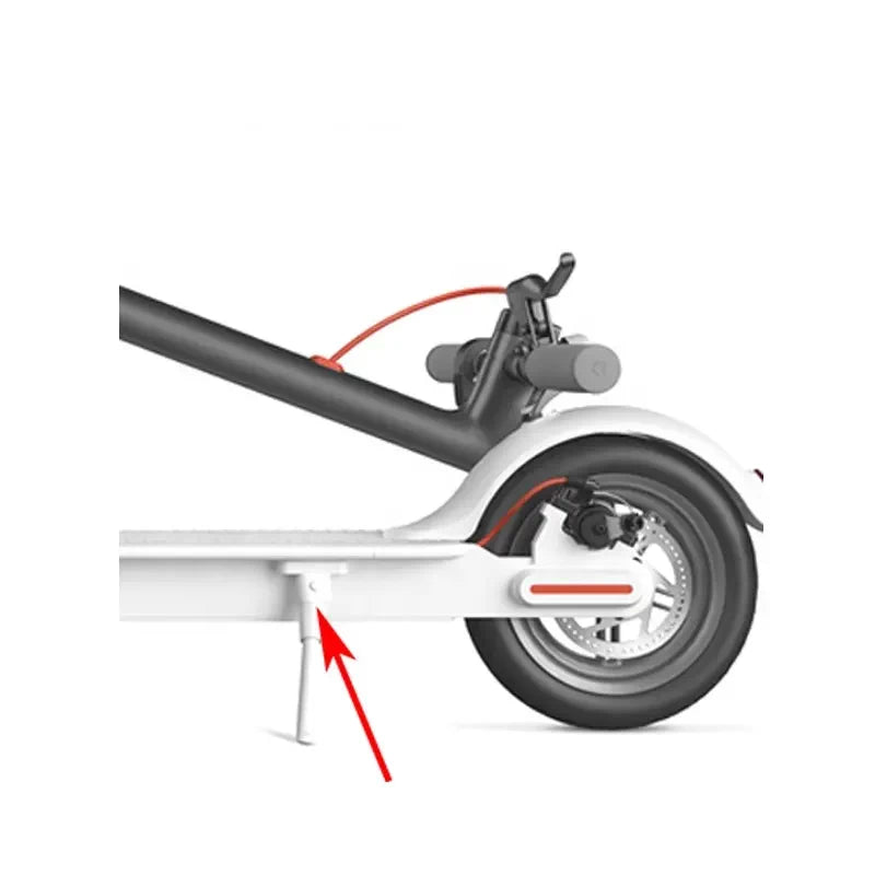 Kickstand installed on a Xiaomi M365 scooter, demonstrating its perfect fit and stability when in use.