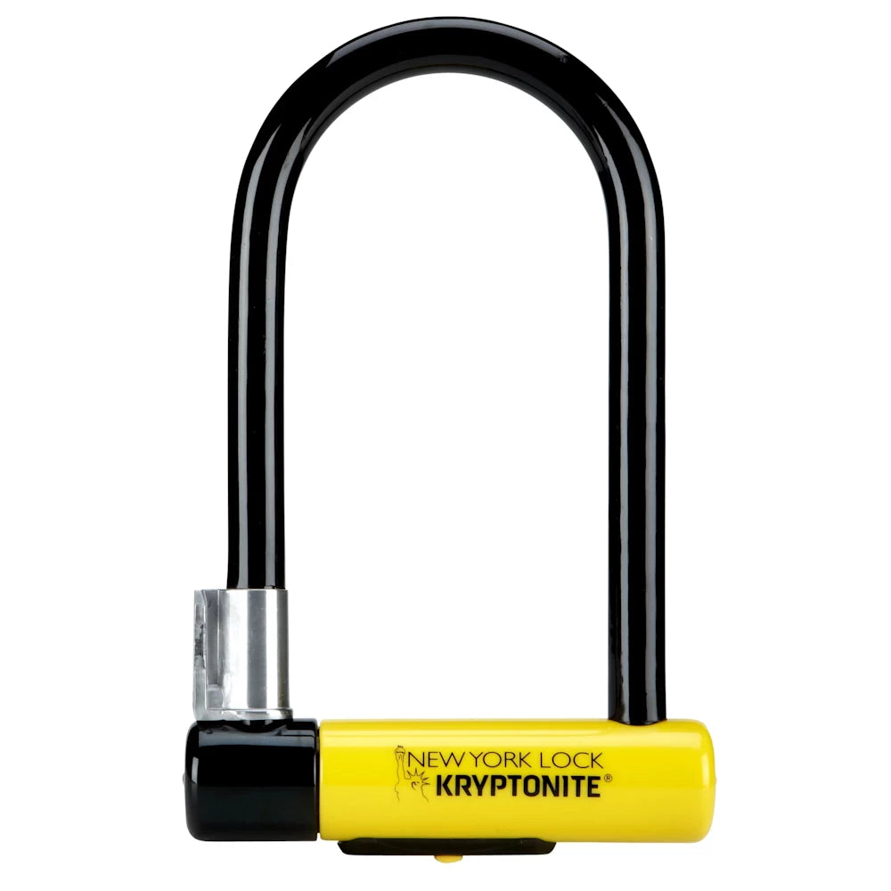 Front view of Kryptonite New-U New York Standard U-Lock in black and yellow. A heavy-duty, high-security bike lock designed to prevent theft in urban environments.