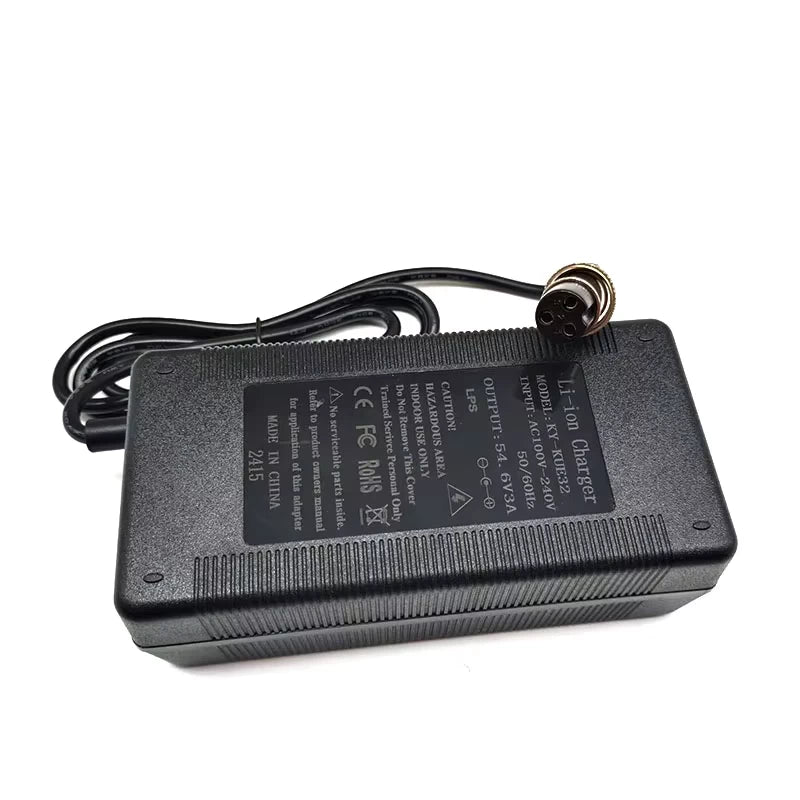 54.6V 3A charger for Kugoo M5 showing spec label and GX16 3-pin female connector.