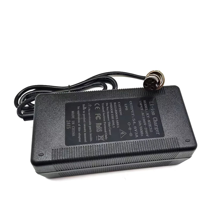 54.6V 3A charger for Kugoo M5 showing spec label and GX16 3-pin female connector.