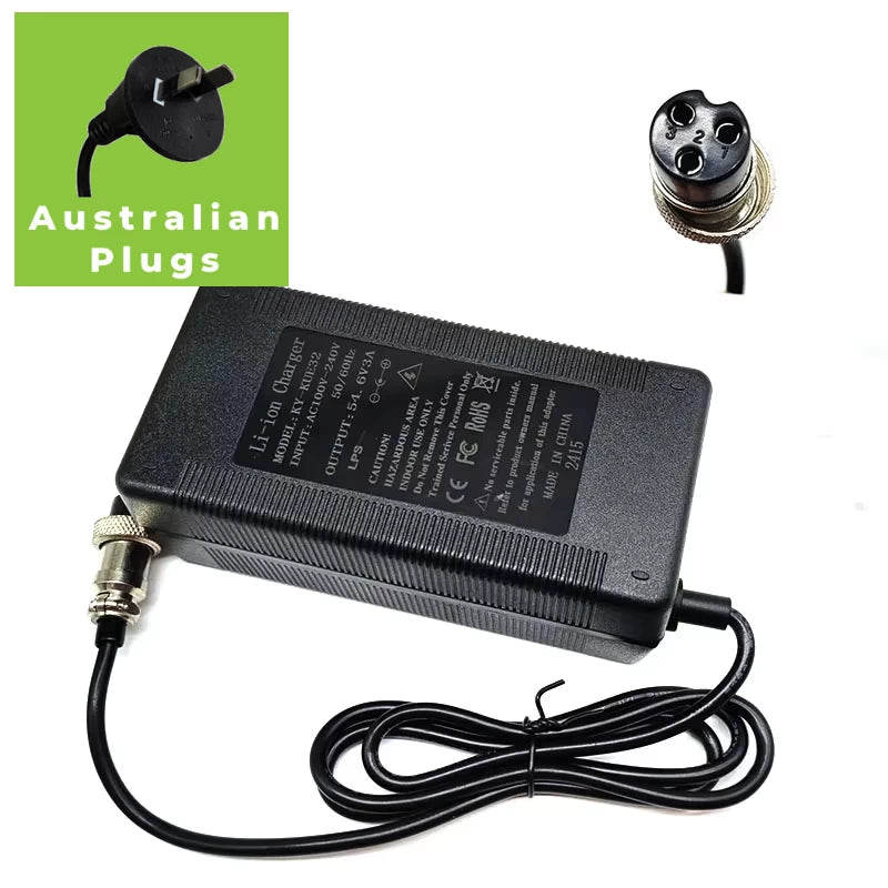 Kugoo M5 charger with close-up insets of GX16 3-pin female connector and Australian plug.