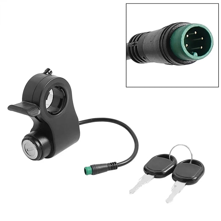 Close-up of the male, green, 6-pin Julet connector plug for Kukirin G2 Pro electric scooter throttle
