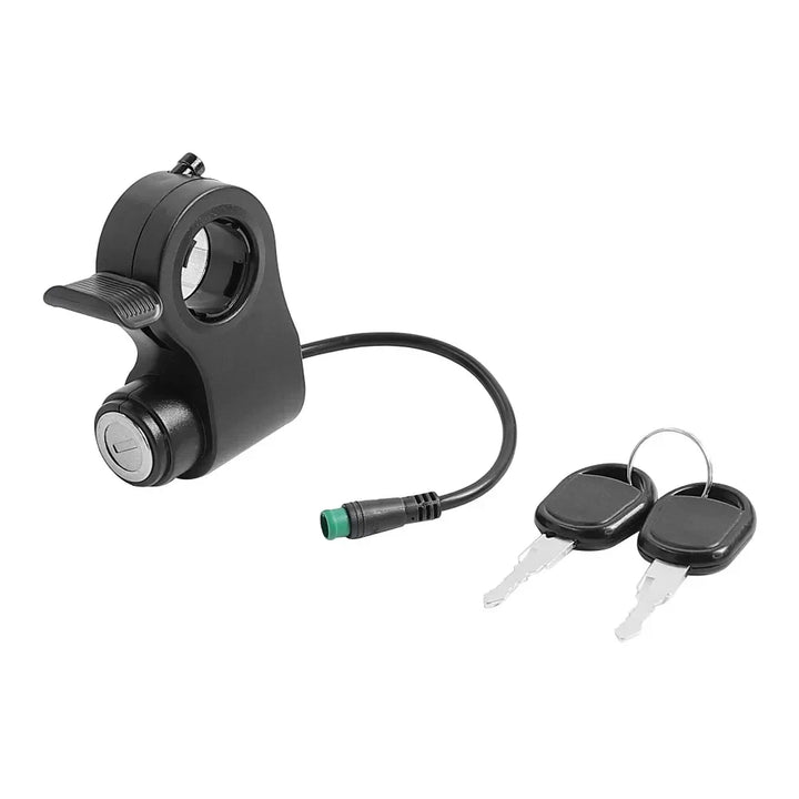 front view of Kukirin G2 Pro thumb throttle with ignition key lock and cable