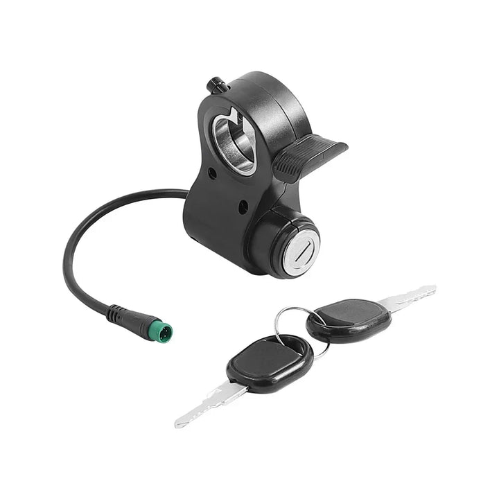 front view of Kukirin G2 Pro thumb throttle with ignition key lock and cable
