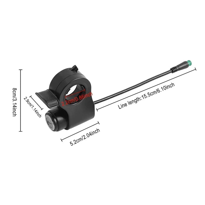 dimensions diagram for Kukirin G2 Pro thumb throttle with ignition key switch