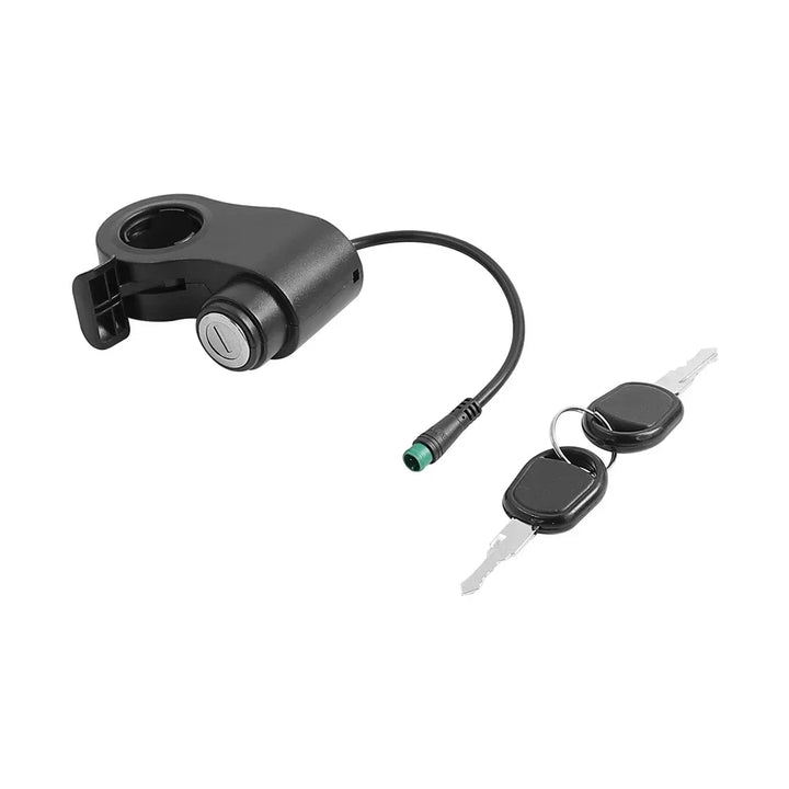 Angled front view of Kukirin G2 Pro electric scooter throttle with integrated key ignition lock
