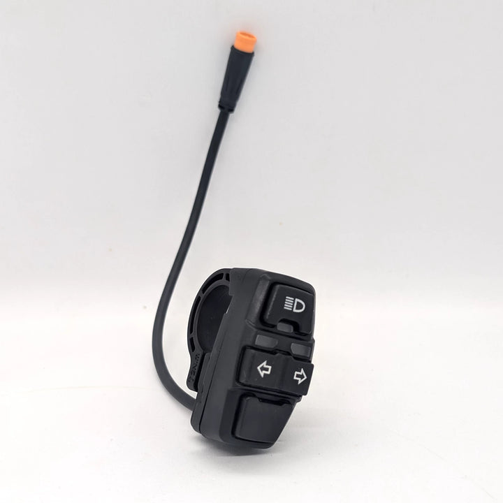 Angled view of Bexly Blackhawk handlebar switch with light and indicator controls