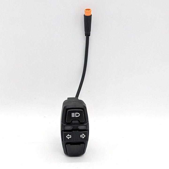 Front view of genuine OEM Bexly Blackhawk and Apollo Phantom V2 light and indicator switch assembly with 5-pin orange waterproof Julet connector plug.