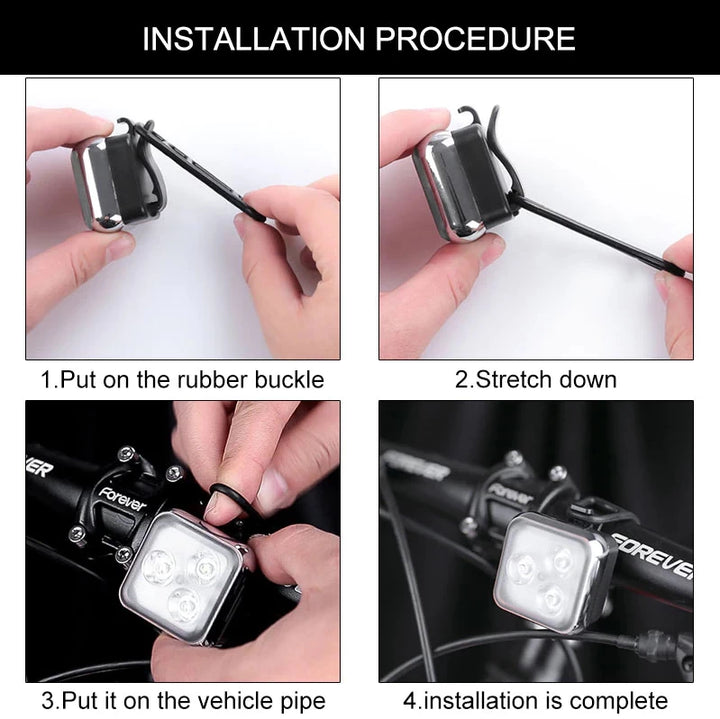 Step-by-step guide showing the installation of the red rear safety light using the rubber buckle and strap, making it easy to attach to various items.