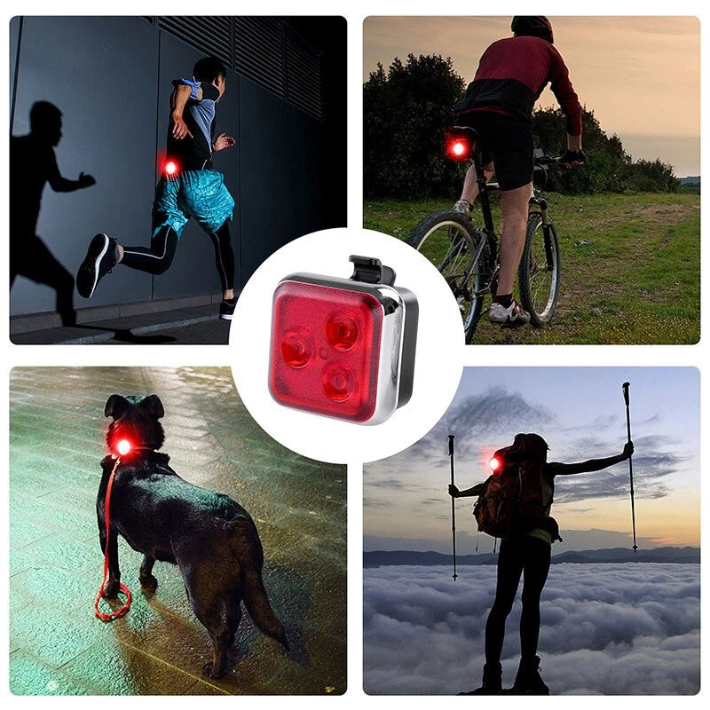 The red rear safety light being used in various outdoor activities including cycling, running, and hiking, as well as on pets for added visibility and safety.