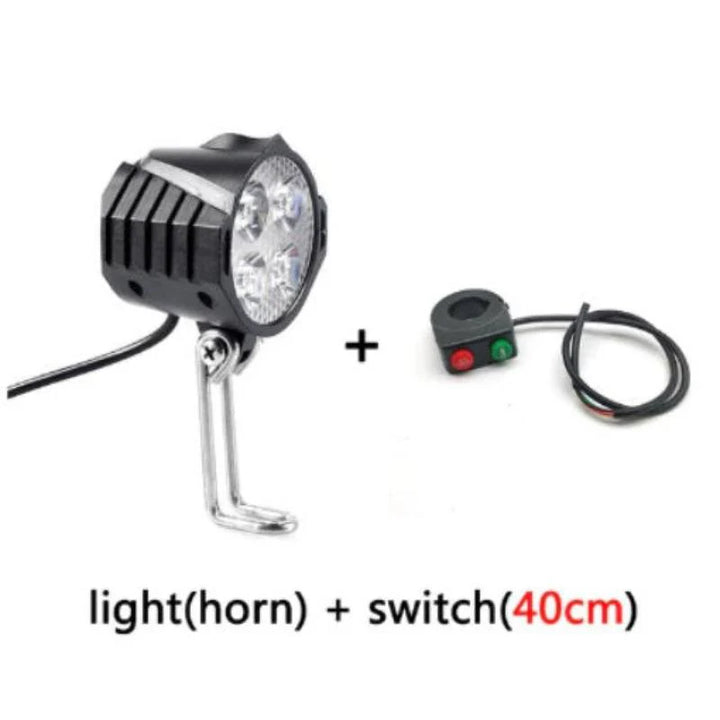 12V-80V 12W E-bike headlight with horn and 40cm switch cable. Includes four-LED light for enhanced visibility and a compact switch for easy horn and light control. Suitable for e-bikes and electric scooters.