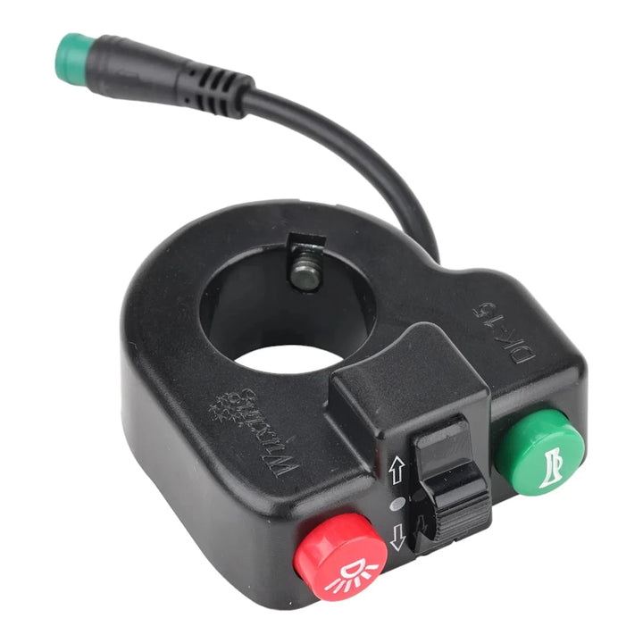 Waterproof multi-function switch showing labelled horn, light, and signal buttons with 5-pin Julet connector.