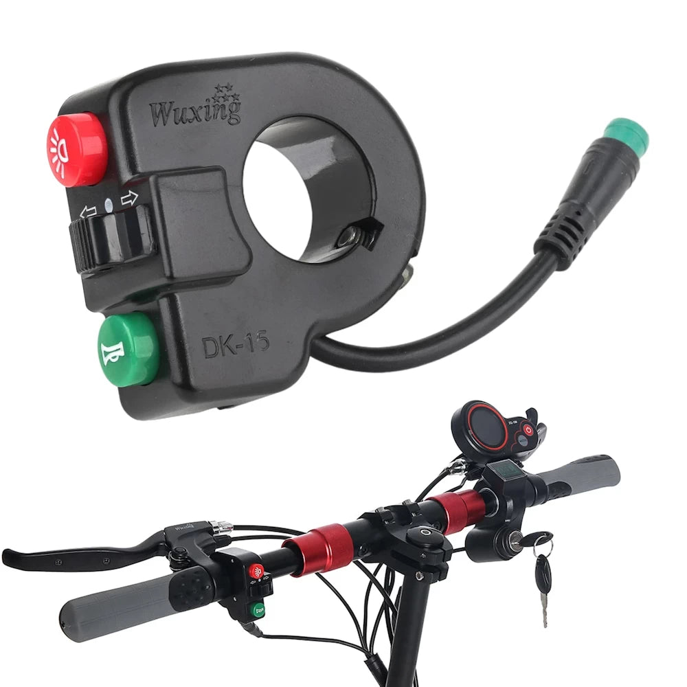 lose-up of DK-15 switch with red light button, green horn button, and turn-signal toggle.
