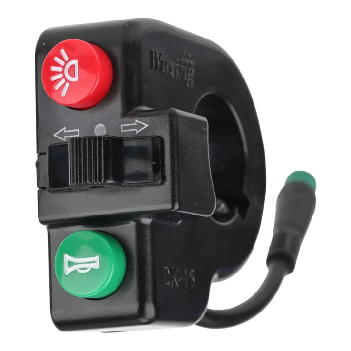 Front view of handlebar switch highlighting horn and light buttons with arrow indicators.