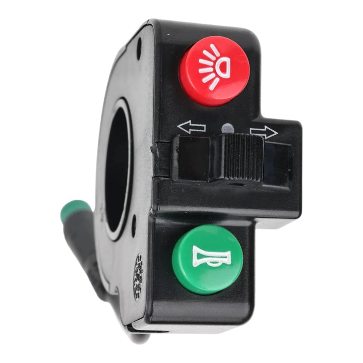 Close-up of DK-15 switch with red light button, green horn button, and turn-signal toggle.