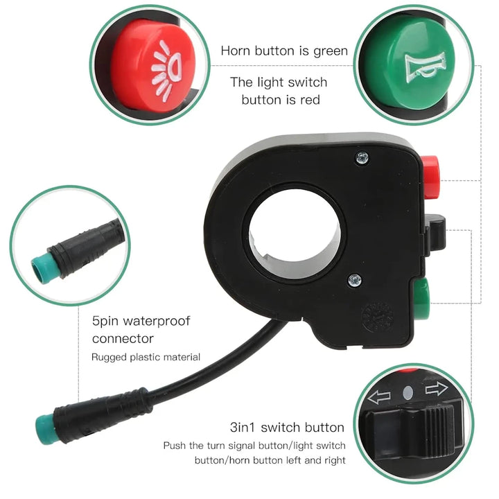 Feature breakdown diagram with labelled horn, light, and 3-in-1 function areas.