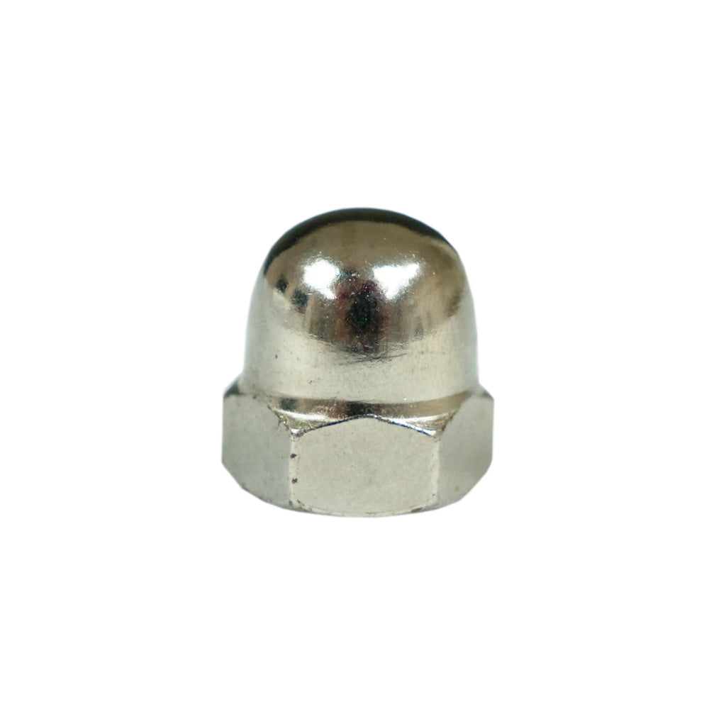 M10 Chrome plated dome or acorn nut for secure fastening, and aesthetic finish, ideal for automotive, industrial, and DIY applications