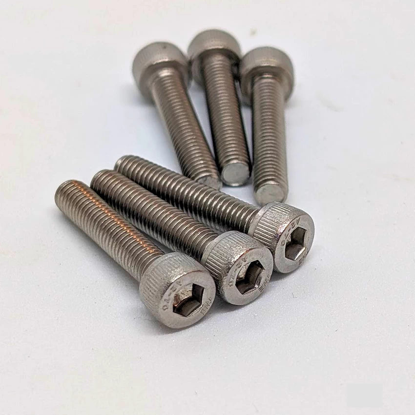 Set of six 25mm M5 A2-304 stainless steel hex cap screws for electric scooter motor hubs.