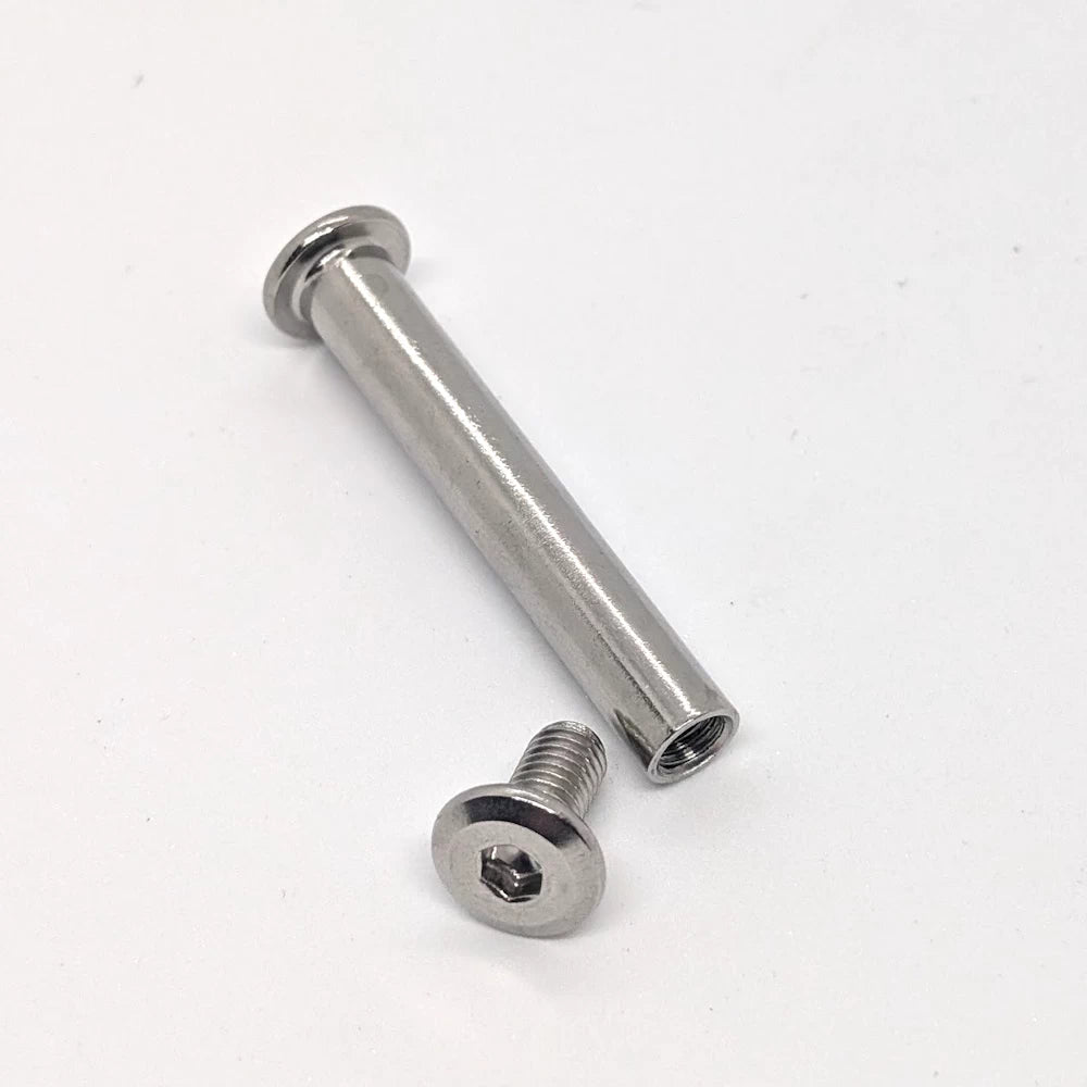 close-up of A2-304 stainless steel pivot bolt and locking sheath/sleeve.