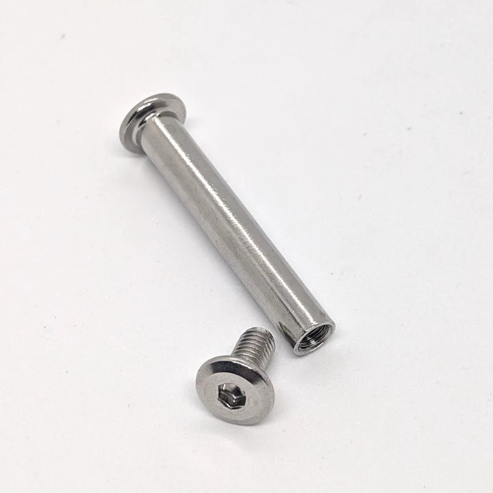 close-up of A2-304 stainless steel pivot bolt and locking sheath/sleeve.